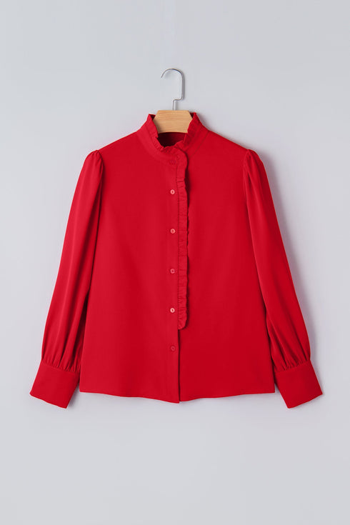 Ruffled Placket Long Sleeve Button Down Blouse