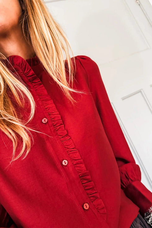 Ruffled Placket Long Sleeve Button Down Blouse