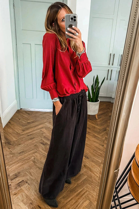 Ruffled Placket Long Sleeve Button Down Blouse