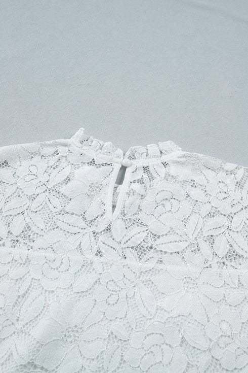 Ruffled Round Neck Long Flounce Sleeve Sheer Lace Blouse