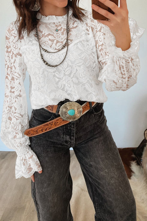 Ruffled Round Neck Long Flounce Sleeve Sheer Lace Blouse