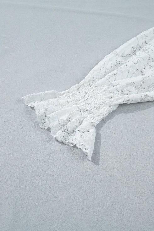 Ruffled Round Neck Long Flounce Sleeve Sheer Lace Blouse