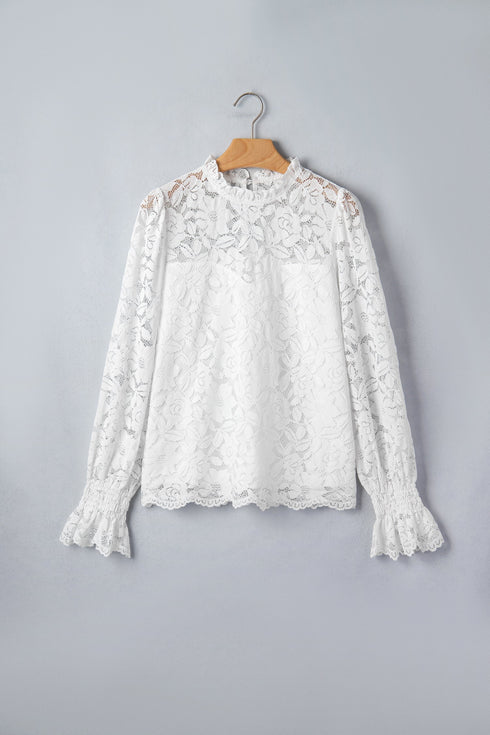 Ruffled Round Neck Long Flounce Sleeve Sheer Lace Blouse
