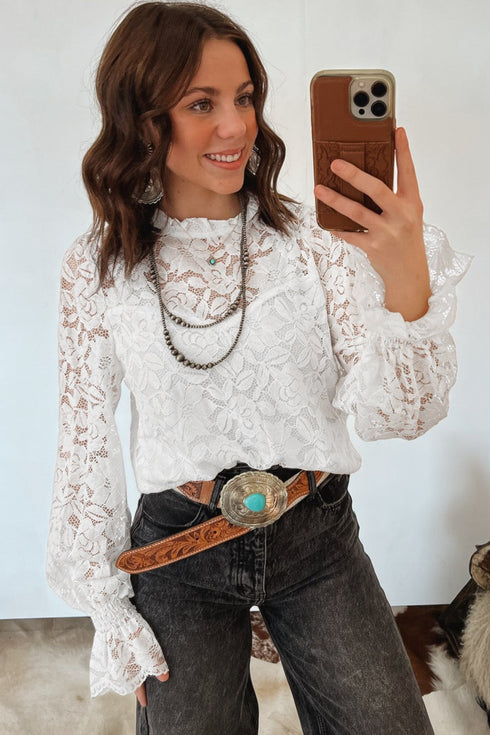 Ruffled Round Neck Long Flounce Sleeve Sheer Lace Blouse