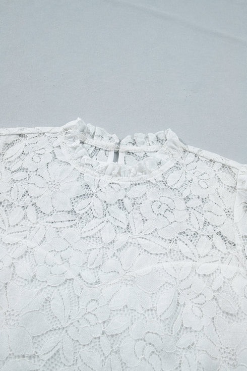 Ruffled Round Neck Long Flounce Sleeve Sheer Lace Blouse