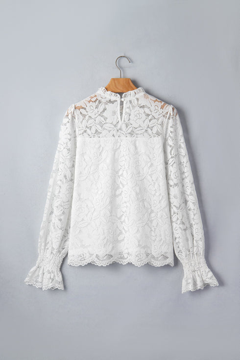Ruffled Round Neck Long Flounce Sleeve Sheer Lace Blouse