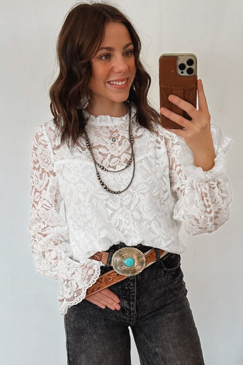 Ruffled Round Neck Long Flounce Sleeve Sheer Lace Blouse