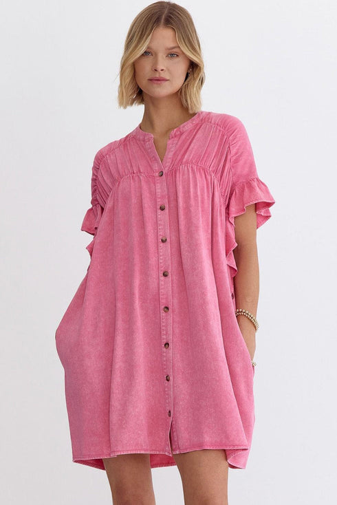 Ruffled Short Sleeve Button Front Denim Mini Dress