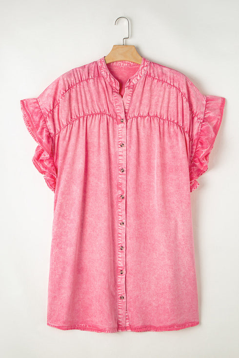 Ruffled Short Sleeve Button Front Denim Mini Dress