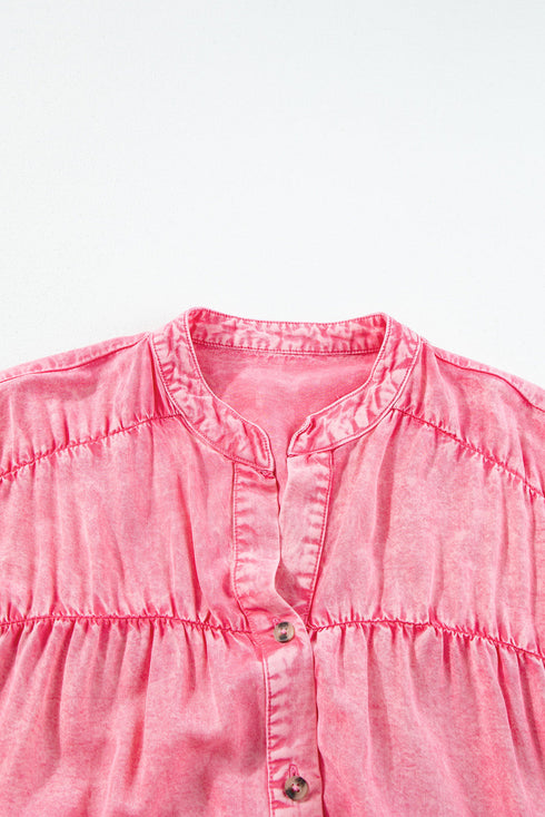 Ruffled Short Sleeve Button Front Denim Mini Dress