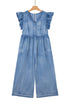 Ruffled Short Sleeve Button V Neck Wide Leg Denim Jumpsuit