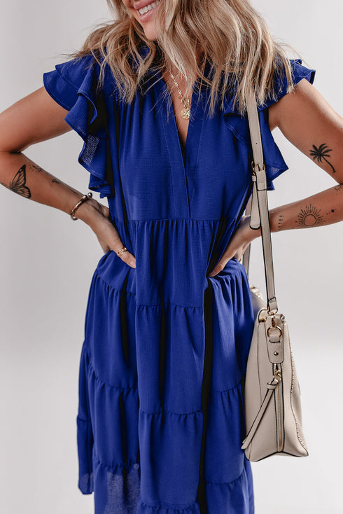 Ruffled Short Sleeve Colla V Neck Tie Midi Dress