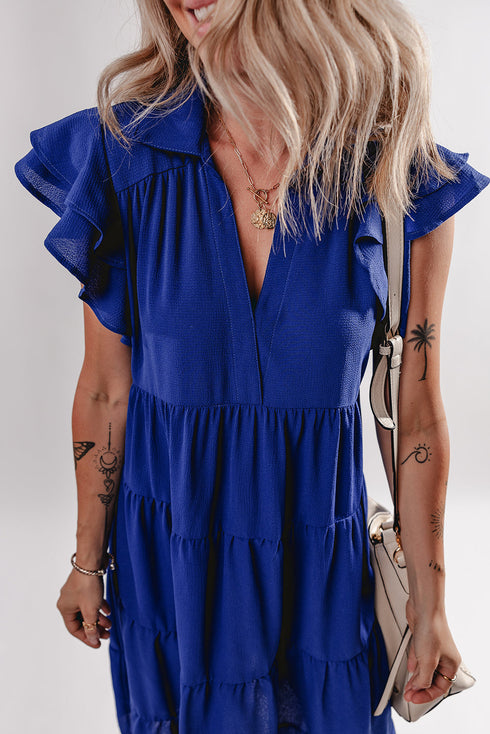 Ruffled Short Sleeve Colla V Neck Tie Midi Dress