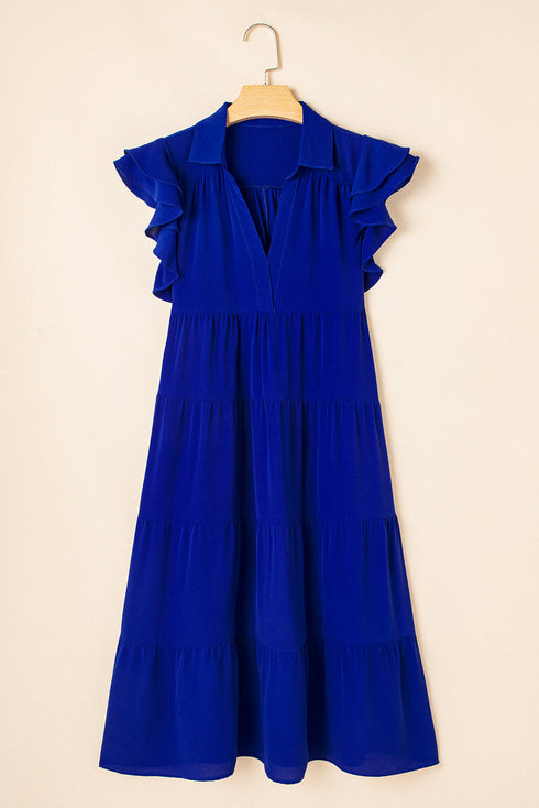 Ruffled Short Sleeve Colla V Neck Tie Midi Dress