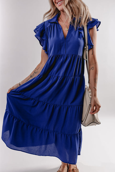 Ruffled Short Sleeve Colla V Neck Tie Midi Dress