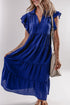 Ruffled Short Sleeve Colla V Neck Tie Midi Dress