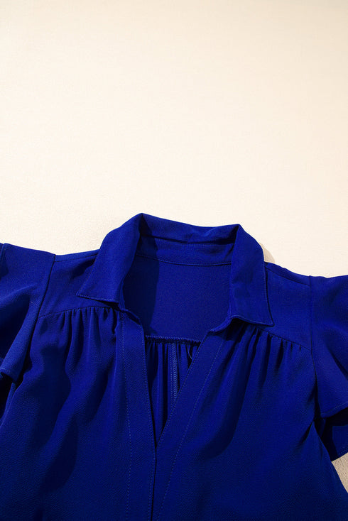 Ruffled Short Sleeve Colla V Neck Tie Midi Dress