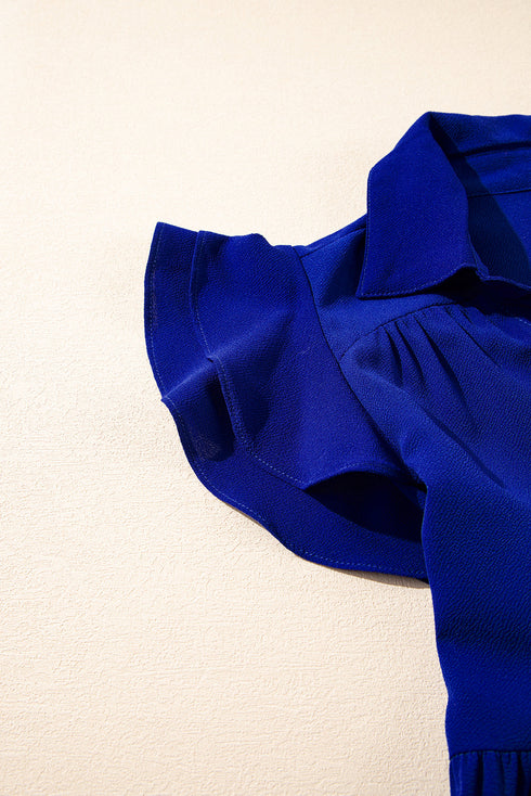 Ruffled Short Sleeve Colla V Neck Tie Midi Dress