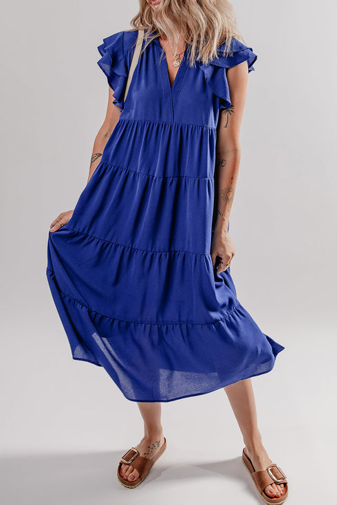 Ruffled Short Sleeve Colla V Neck Tie Midi Dress