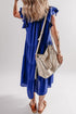 Ruffled Short Sleeve Colla V Neck Tie Midi Dress