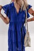 Ruffled Short Sleeve Colla V Neck Tie Midi Dress
