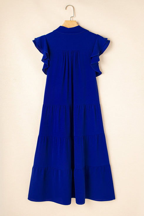 Ruffled Short Sleeve Colla V Neck Tie Midi Dress