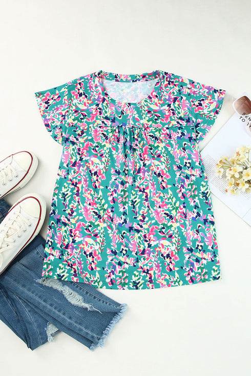 Ruffled Short Sleeve Floral Print Babydoll Blouse
