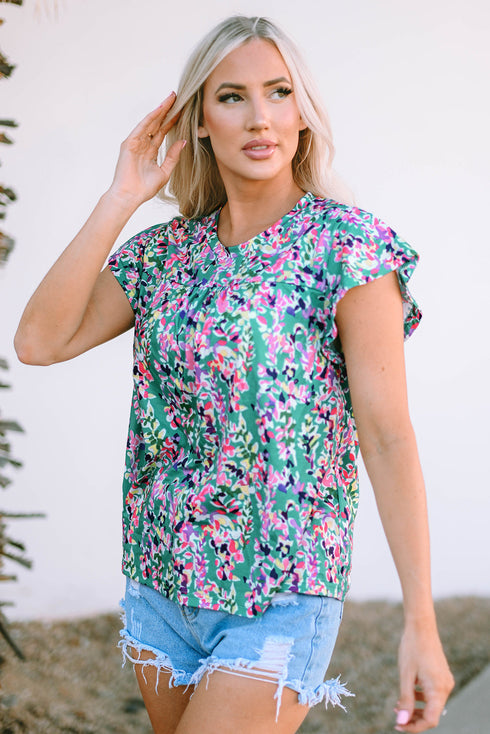 Ruffled Short Sleeve Floral Print Babydoll Blouse