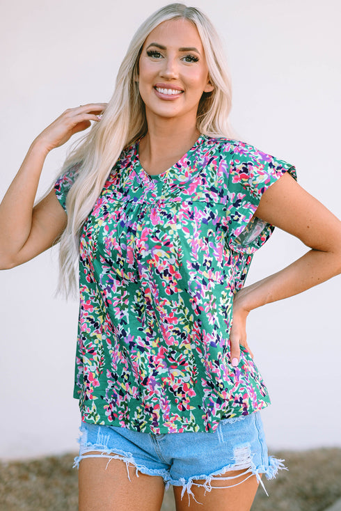 Ruffled Short Sleeve Floral Print Babydoll Blouse