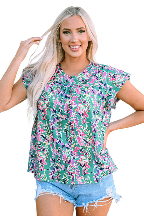 Ruffled Short Sleeve Floral Print Babydoll Blouse
