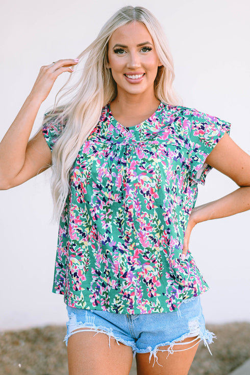 Ruffled Short Sleeve Floral Print Babydoll Blouse