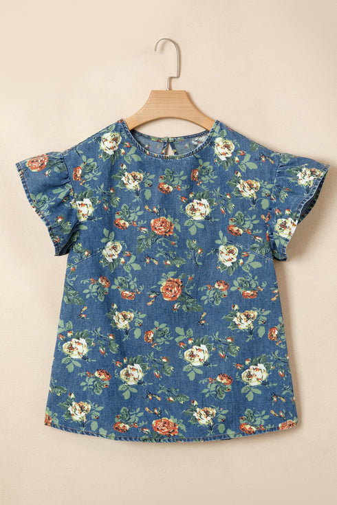 Ruffled Short Sleeve Floral Print Western Denim Top