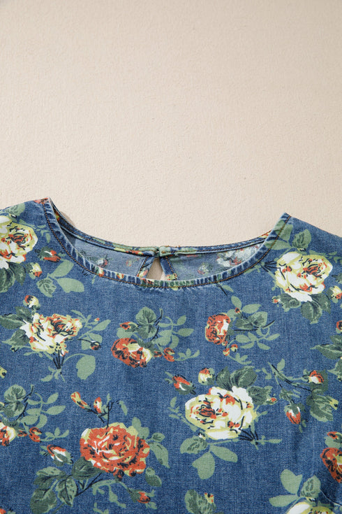 Ruffled Short Sleeve Floral Print Western Denim Top