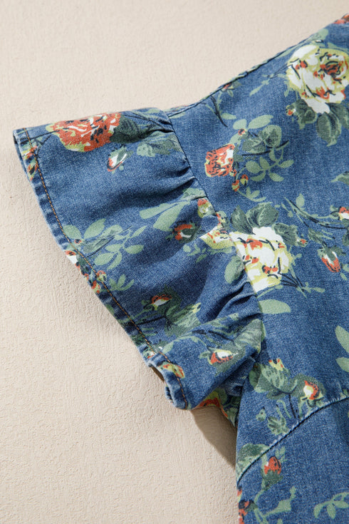 Ruffled Short Sleeve Floral Print Western Denim Top