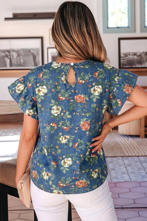 Ruffled Short Sleeve Floral Print Western Denim Top