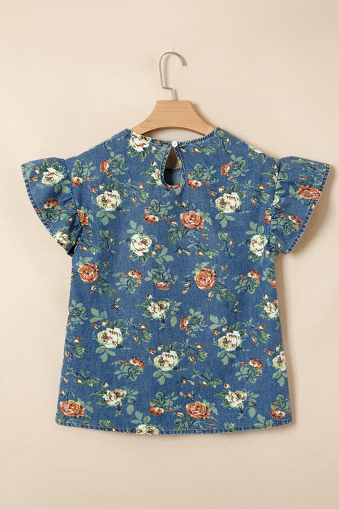Ruffled Short Sleeve Floral Print Western Denim Top