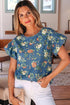 Ruffled Short Sleeve Floral Print Western Denim Top