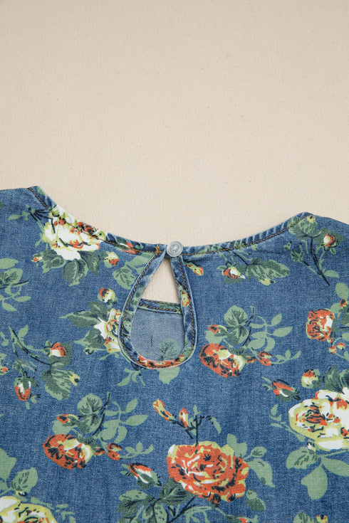 Ruffled Short Sleeve Floral Print Western Denim Top