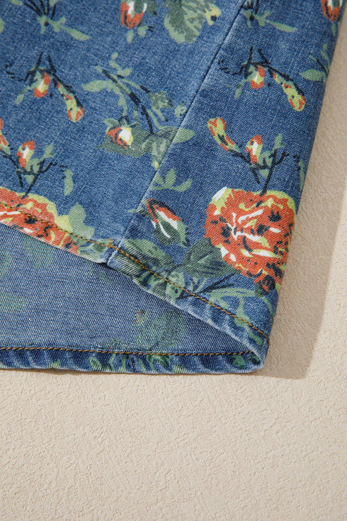 Ruffled Short Sleeve Floral Print Western Denim Top