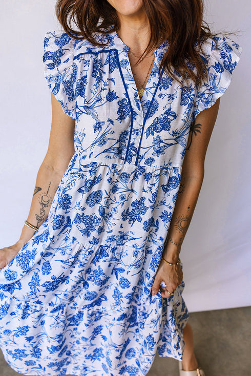 Ruffled Short Sleeve Tiered Midi Floral Dress