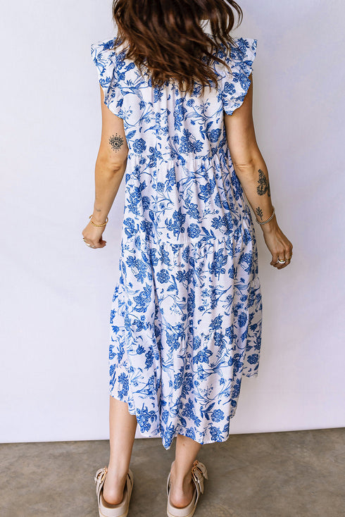 Ruffled Short Sleeve Tiered Midi Floral Dress