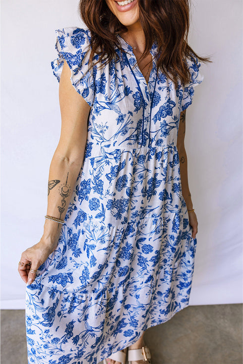 Ruffled Short Sleeve Tiered Midi Floral Dress