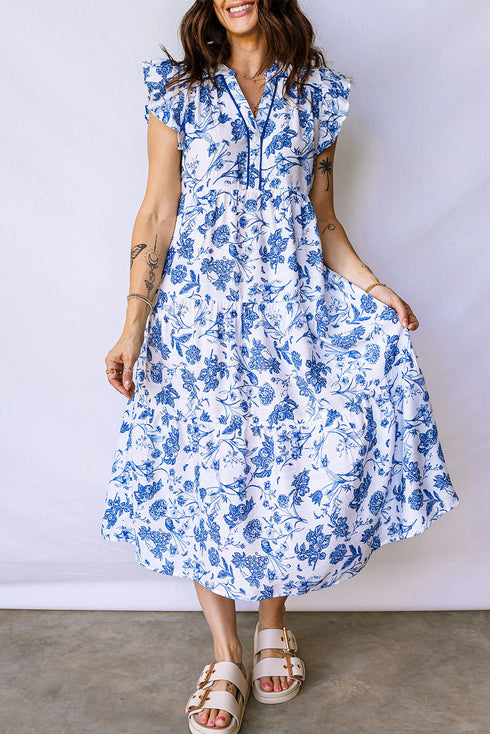 Ruffled Short Sleeve Tiered Midi Floral Dress