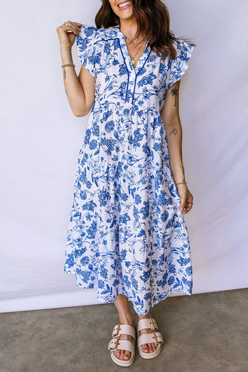 Ruffled Short Sleeve Tiered Midi Floral Dress