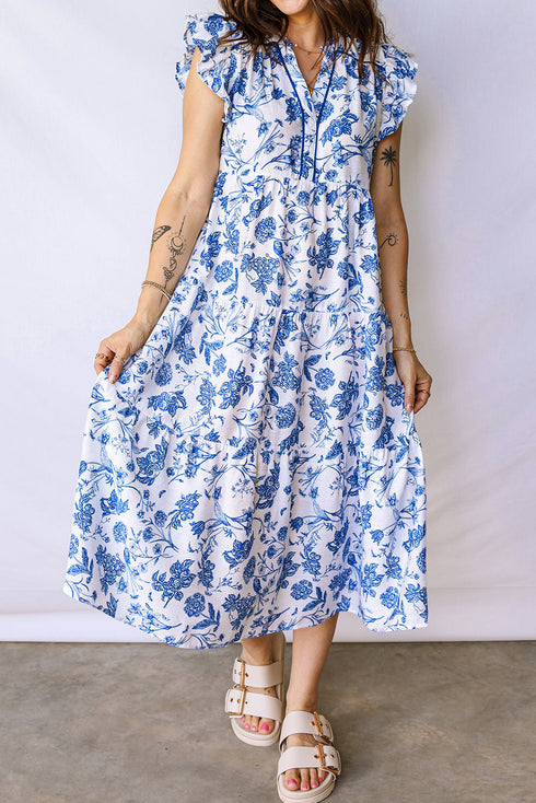 Ruffled Short Sleeve Tiered Midi Floral Dress