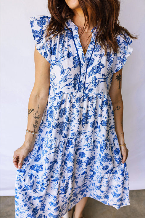 Ruffled Short Sleeve Tiered Midi Floral Dress