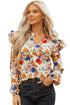 Ruffled Shoulder Long Sleeve Floral Print Blouse