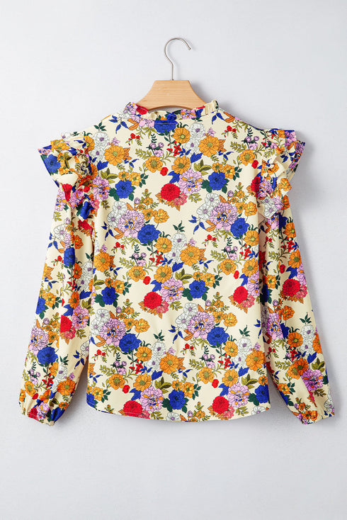 Ruffled Shoulder Long Sleeve Floral Print Blouse