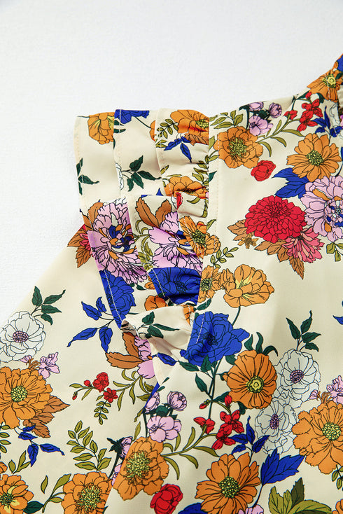 Ruffled Shoulder Long Sleeve Floral Print Blouse