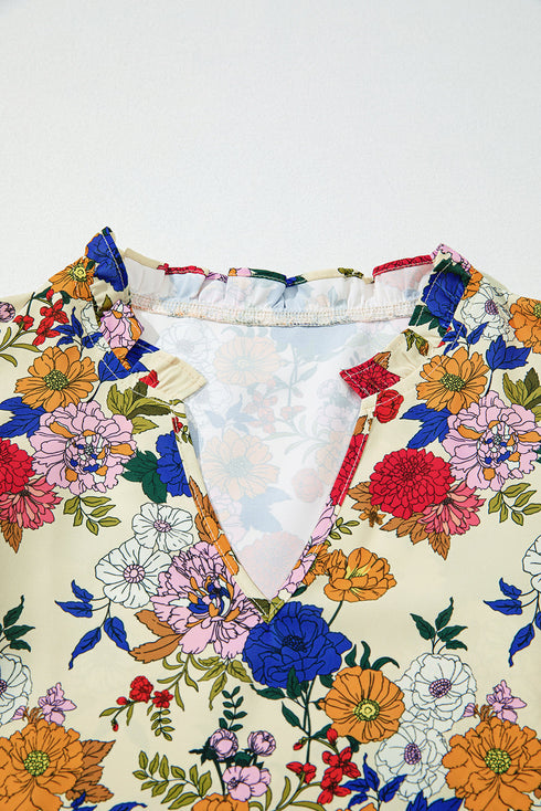 Ruffled Shoulder Long Sleeve Floral Print Blouse